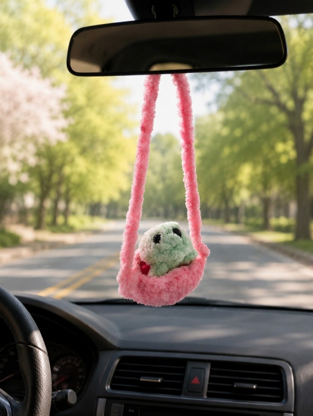 Pink Plush Hanging Car Charm with Green Plush Toy